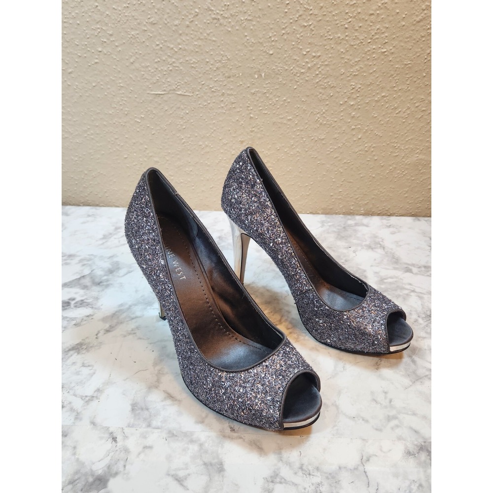 Nine West Womens 8 Silver Glitter Peep Toe Stiletto Heel Evening Pumps